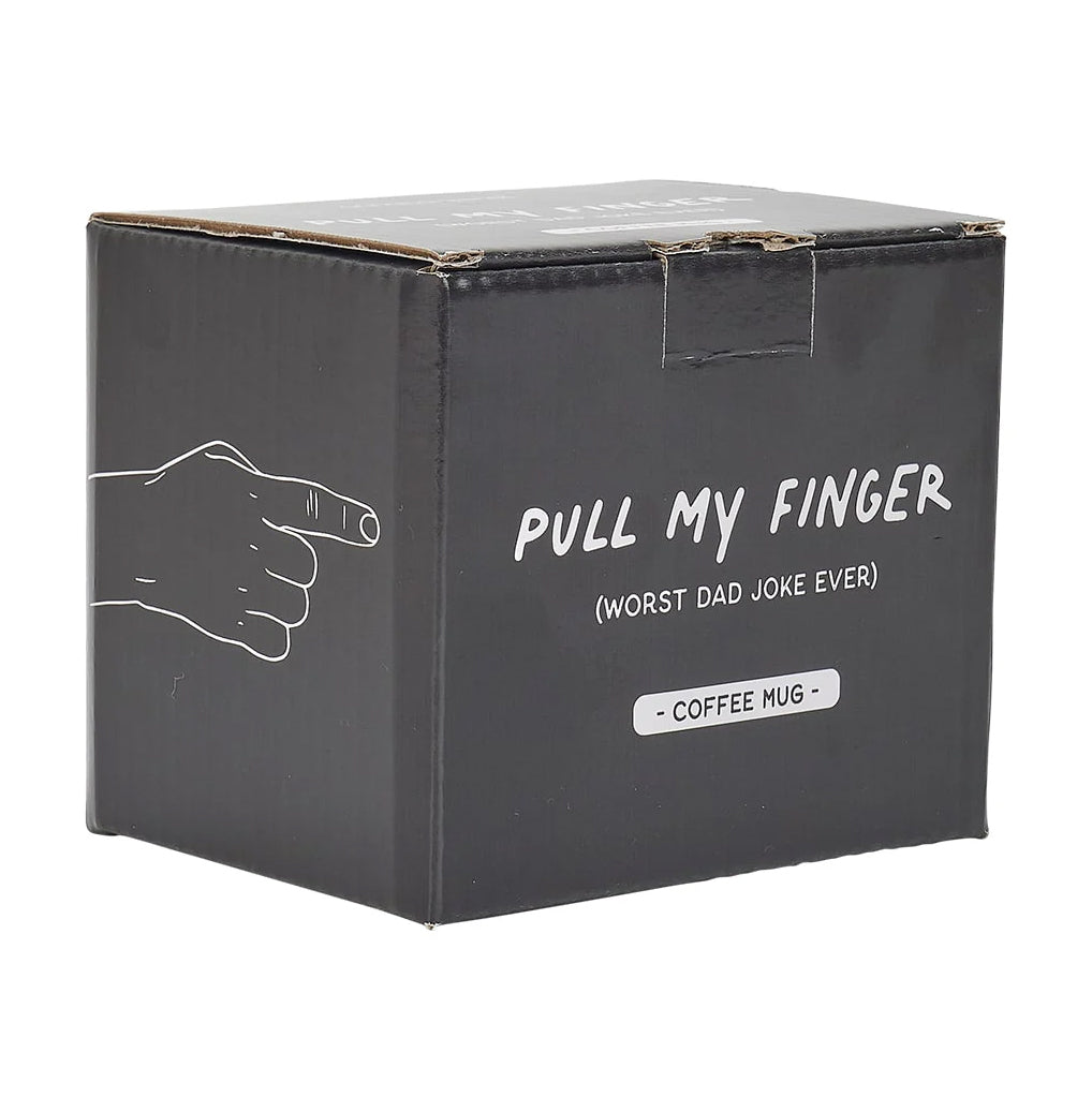 Black box with a white hand gesture and text 'Pull My Finger (Worst Dad Joke Ever) Coffee Mug' on a white background