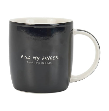 Black mug with white text 'Pull My Finger (Worst Dad Joke Ever)' on a white background