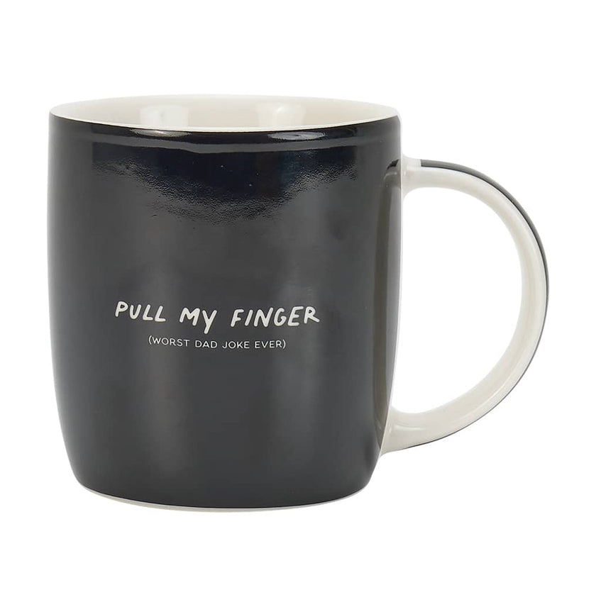 Black mug with white text 'Pull My Finger (Worst Dad Joke Ever)' on a white background