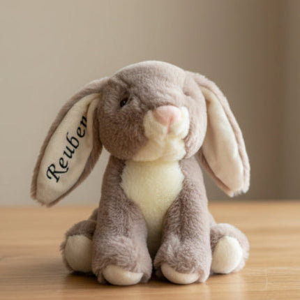 grey custom name bunny on wooden table