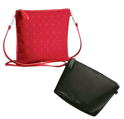 Red geometric-patterned crossbody bag and black pouch on a white background