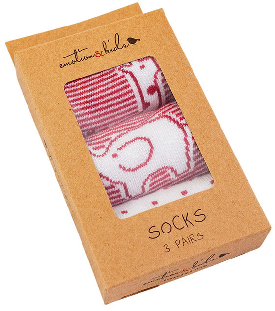 Box of children's socks with elephant pattern, brand 'emotion & kids' visible
