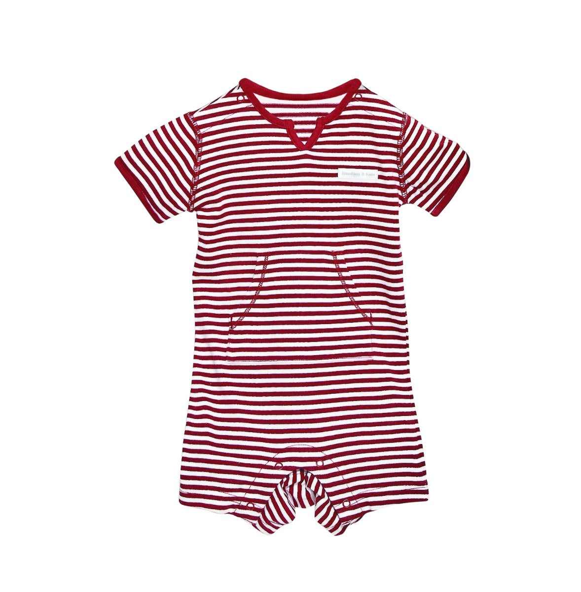Red and white striped baby romper on a white background