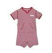 Red and white striped baby romper on a white background