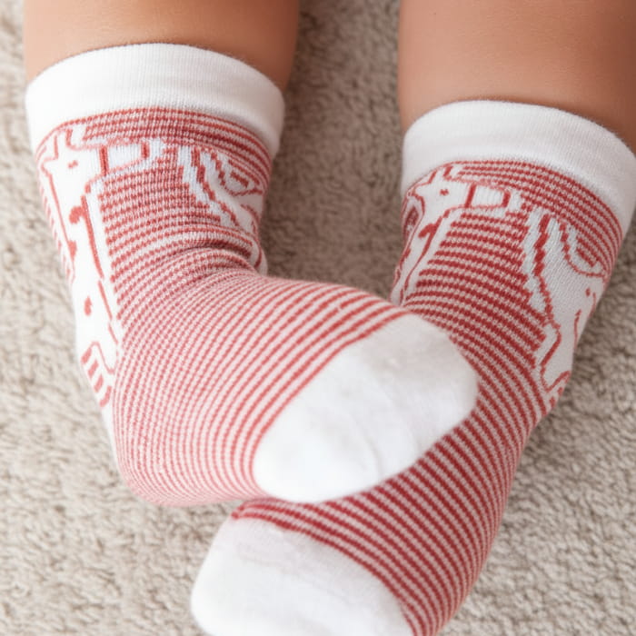 red and white stripe baby socks with animal design