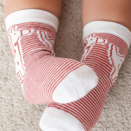 red and white stripe baby socks with animal design