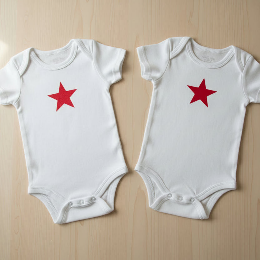 red star rompers on a table background