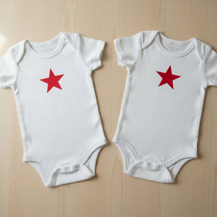 red star rompers on a table background