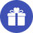 White gift box with a heart-shaped bow on a blue circle