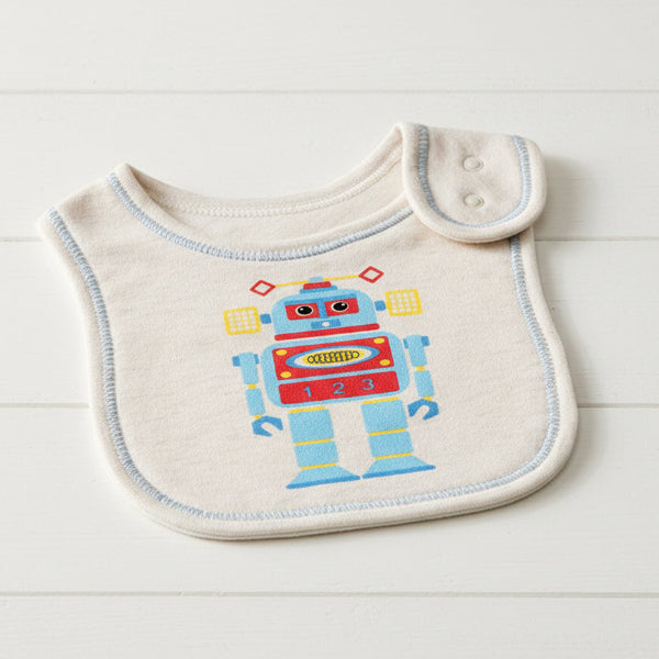 Baby bib with robot design on a white background