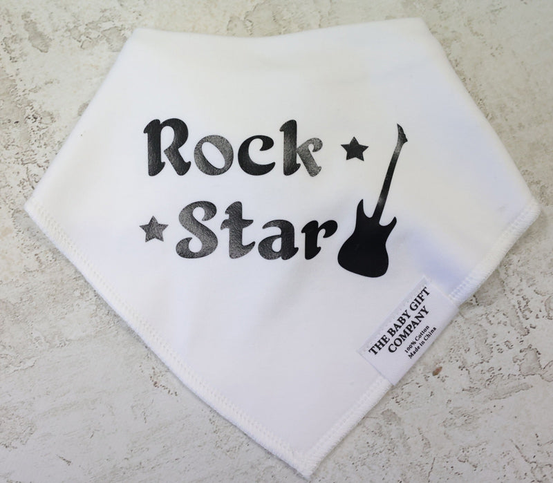 White bib with 'Rock Star' text and guitar graphic on a light gray background