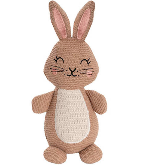 Knitted rabbit toy with a white belly on a white background