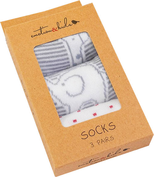 Box of socks with 'emotion & kids' branding on a white background