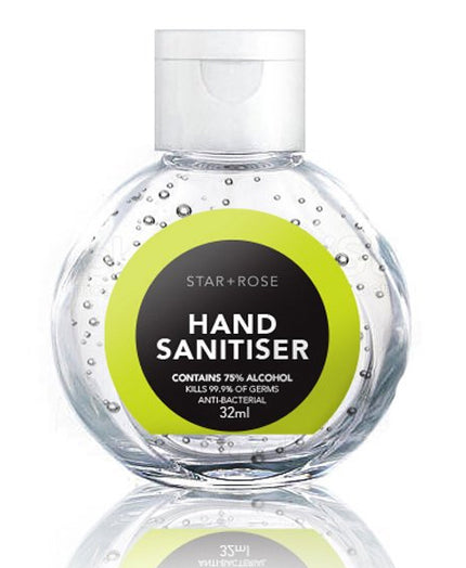 Hand sanitiser bottle with green label on a white background