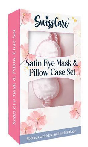 SwissCare satin eye mask and pillow case set packaging with pink floral design