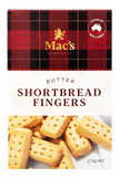 Box of Mac's Butter Shortbread Fingers with a plaid design and visible cookies.