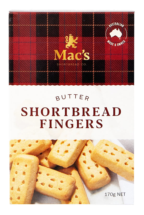 Box of Mac's Butter Shortbread Fingers with a plaid design and visible cookies.