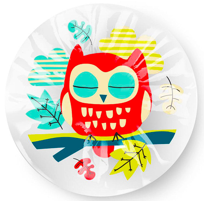 Colorful shower cap owl design on a clear background