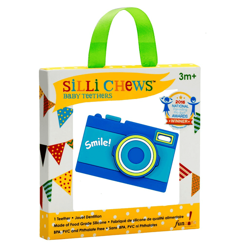 colourful silicone camera teether by Silli Chews