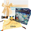 Baby gift set with yellow bee comforter with Olivia personalisation , bed time book and white gift box from The Baby Gift Company.