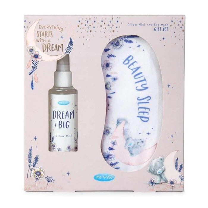 Gift set with pillow mist and eye mask in a decorative box, featuring 'Dream Big' and 'Beauty Sleep' text.