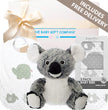 Baby gift set with plush koala, bib, booties, and box labeled 'Bubba Blue Australia'.
