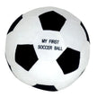 Black and white soccer ball with 'My First Soccer Ball' text on a white background