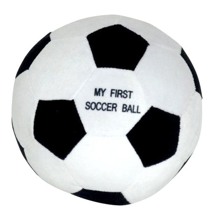 Black and white soccer ball with 'My First Soccer Ball' text on a white background