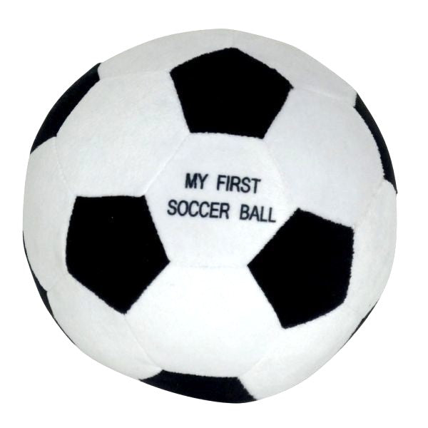 Black and white soccer ball with 'My First Soccer Ball' text on a white background