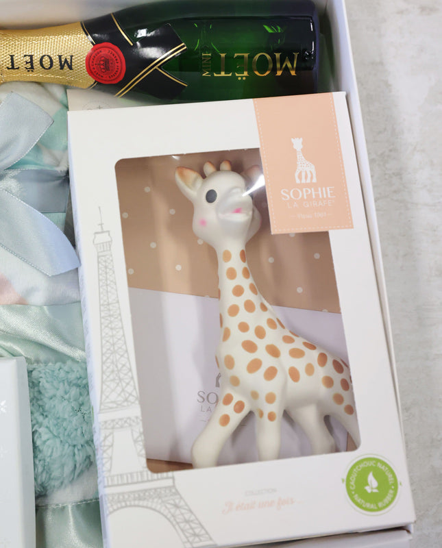 Sophie la Girafe toy in a box with Moet champagne bottle in the background