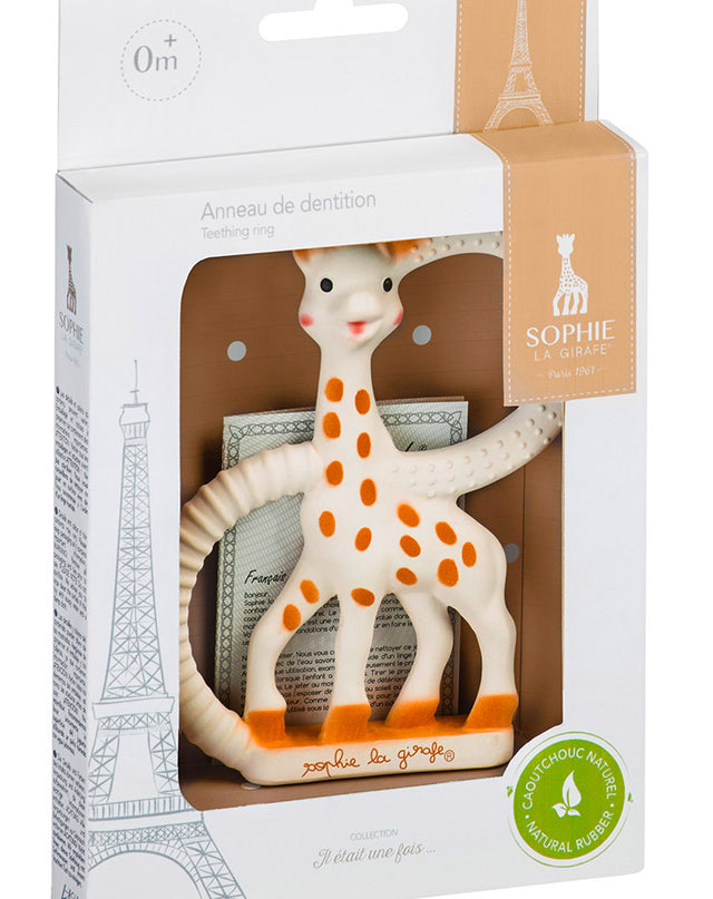 Sophie the Giraffe teething ring in packaging with Eiffel Tower design