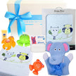 Baby gift set with toys and bath products, featuring a blue ribbon and 'Bubba Blue' packaging.