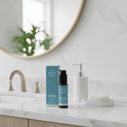 sukin night cream bottle and box near sink in bathroom