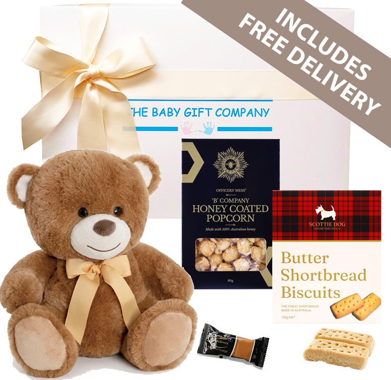 Teddy Hugs Baby Gift Box with soft plush teddy and gourmet treats for parents from The Baby Gift Company.