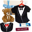 Collage of a teddy bear, tuxedo-themed baby outfit, Lindt chocolate bars, and 'Best Dad Ever' card on a white background.