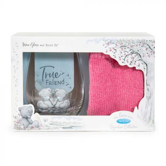 Wine glass and box set with 'True Friend' engraving and pink fabric in packaging