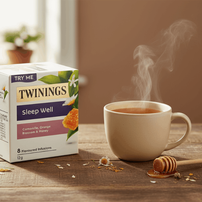 Twinings Sleep Well tea with mug on table