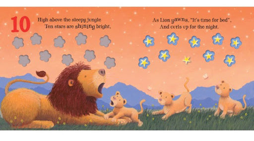 Illustration of a lion and cubs in a bedtime scene with stars and mountains.