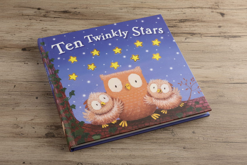 Cover of 'Ten Twinkly Stars' book with owls and stars on a wood background