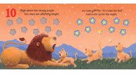 Illustration of a lion and cubs in a bedtime scene with stars and mountains.