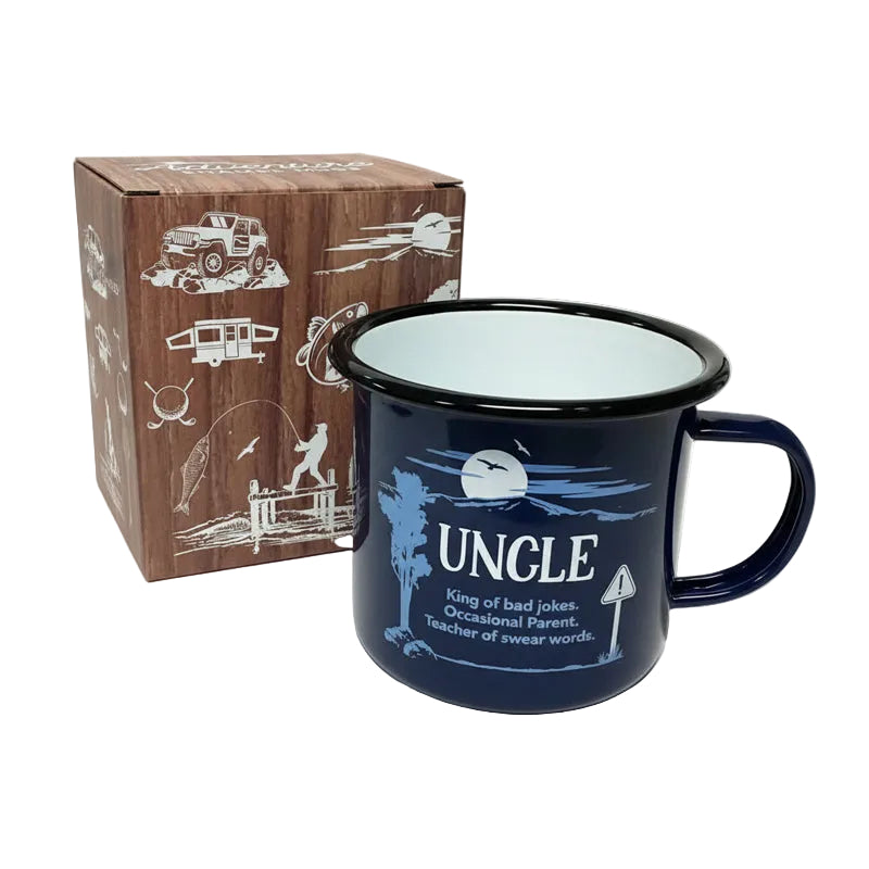 Uncle Adventure enamel mug with funny uncle message and black rim design