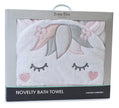 Novelty bath towel with unicorn design in packaging, brand 'Bubba Blue' visible