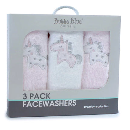 Pack of three facewashers with unicorn design in packaging by Bubba Blue Australia