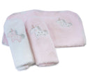 Set of three pink towels with unicorn designs on a white background