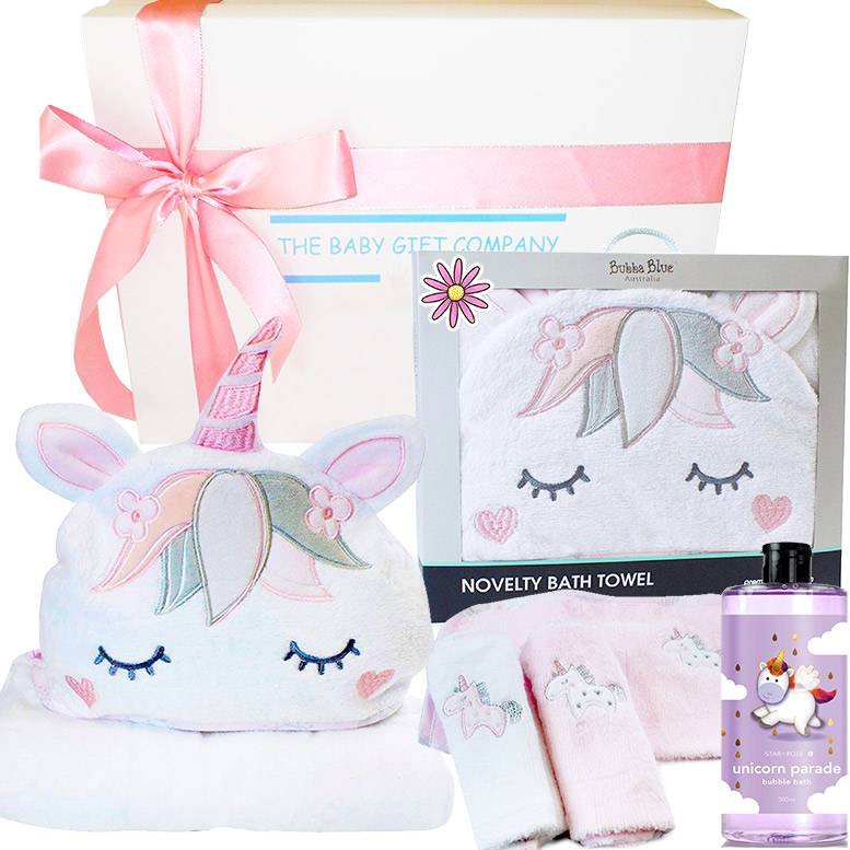 Gift box with unicorn themed baby bath towels