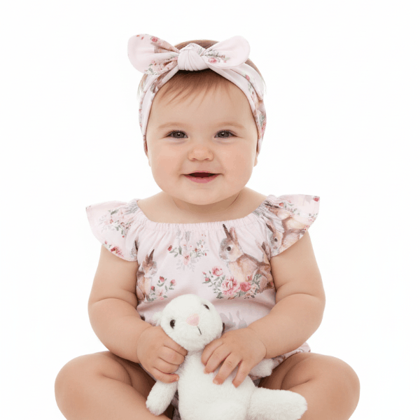  Baby girl wearing pink romper and headband with bunny
