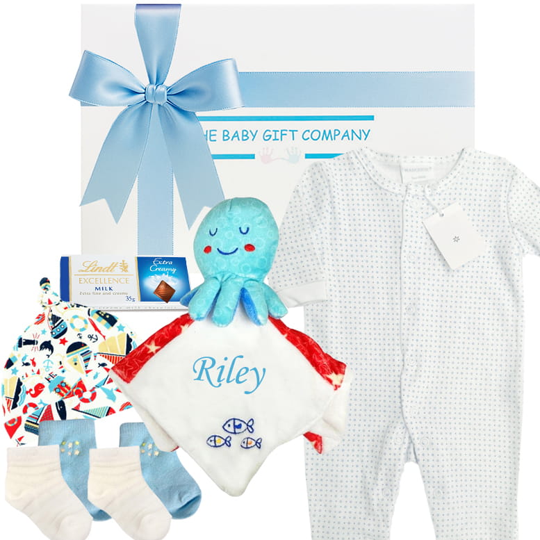 Baby gift set with boys  clothes and blue octopus with riley name