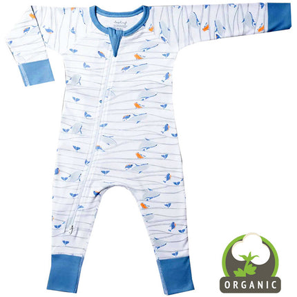 Baby onesie with whale pattern and organic label on a white background