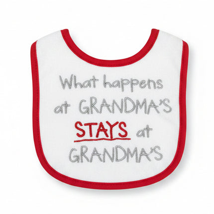What Happens at Grandma's Stays at Grandma's Baby Bib on a white background