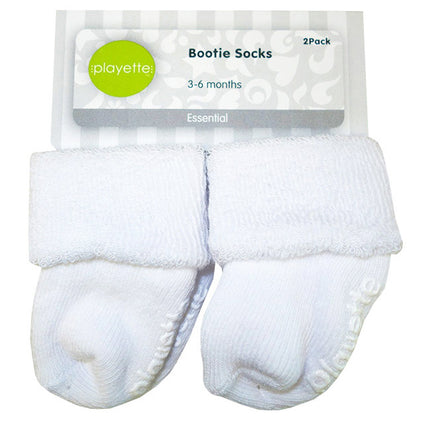 White baby bootie socks with packaging labeled 'playette' on a white background
